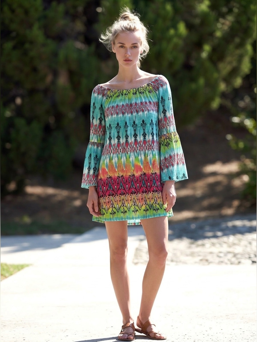 Sale 2b Together Boho Geometric Ikat Bell Sleeve Tunic Dress Size S